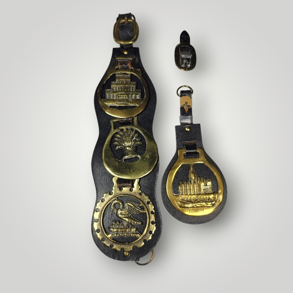 Horse Brasses Black Gold Vintage Leather Martingale Set